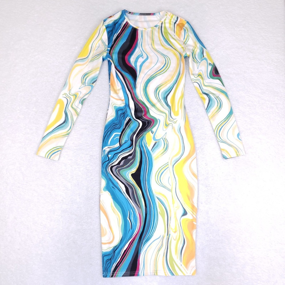 Women's Small Bodycon Marble Swirl Midi Dress Long Sleeve Multicolor Avant Garde